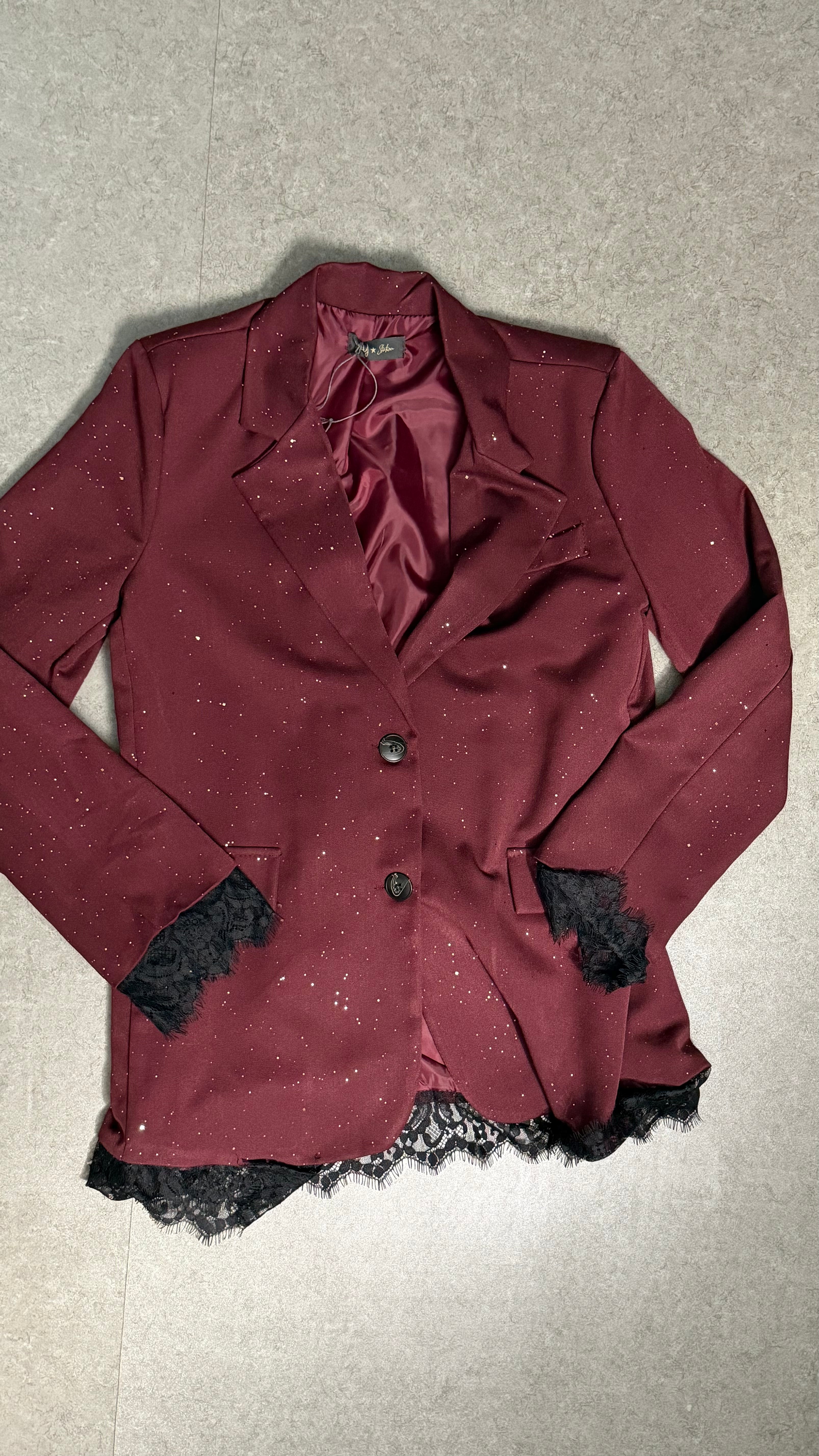Blazer brillantinato con dettagli in pizzo